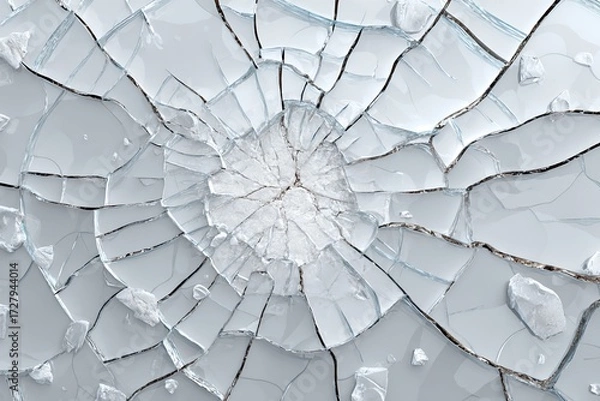 Fototapeta Detailed shot of cracked glass showing a radial fracture pattern over a white background with studio lighting highlighting the textures and details. Highlighting the fragility of materials