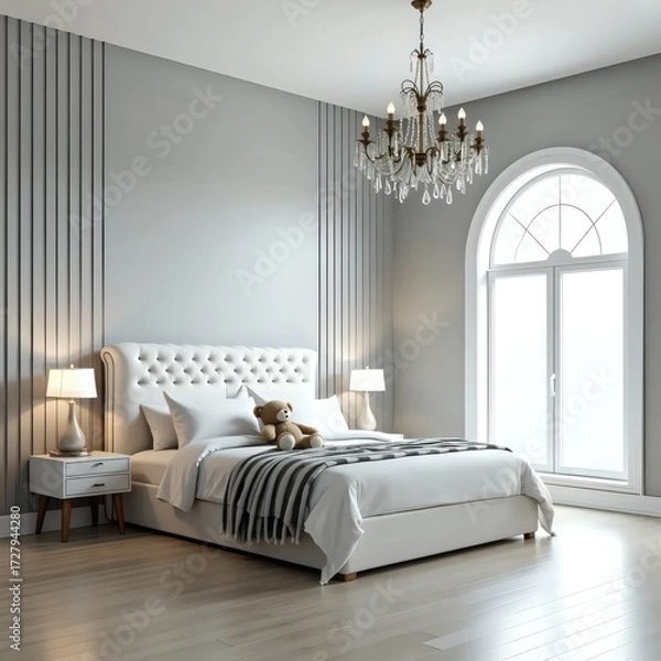 Obraz A white bed sitting in a bedroom next to a window.