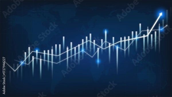 Fototapeta Market chart with stock growth graph and financial investment data showing profit, money, and success diagrams on blue background,