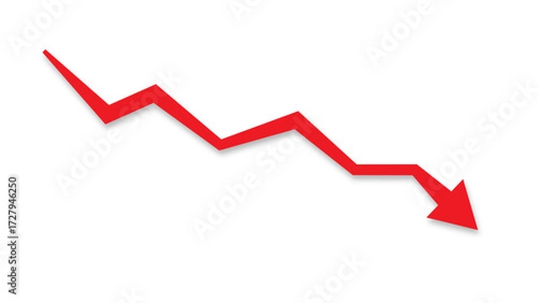 Fototapeta Red arrow pointing downward symbolizing failure, decline, loss, and negative performance in business, finance,