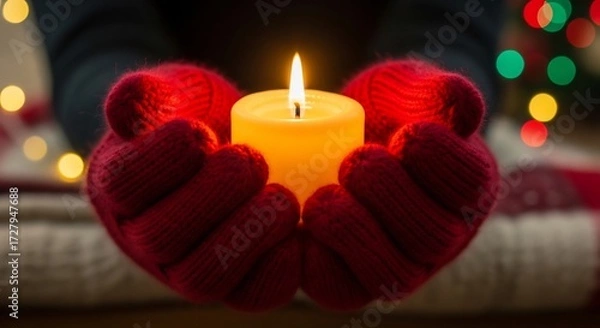 Fototapeta Hands in red mittens hold a lit candle with festive lights in the background