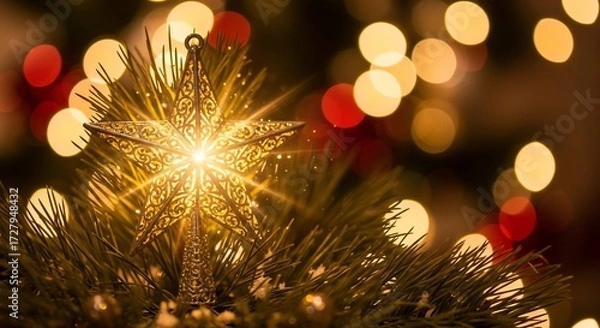 Fototapeta Ornate star on a pine branch with bokeh lights