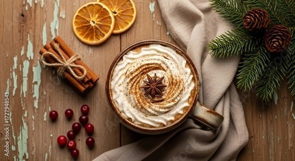 Fototapeta Overhead view of a mug of coffee with whipped cream and star anise