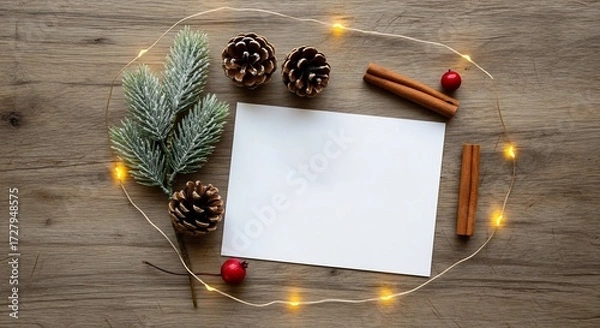 Fototapeta Overhead view of Christmasthemed decorative elements on a wooden surface