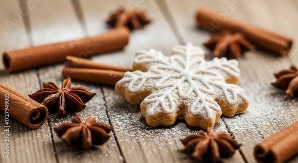 Fototapeta Snowflake cookie with star anise and cinnamon sticks on wooden surface
