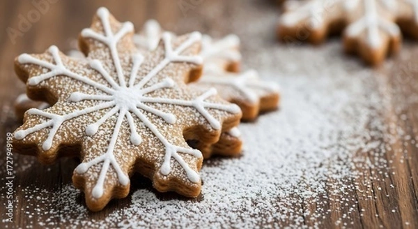 Fototapeta Snowflakeshaped cookies dusted with powdered sugar on a wooden surface