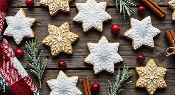 Fototapeta Starshaped cookies decorated with white icing and snowflakes