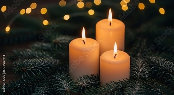 Fototapeta Three lit candles nestled amongst pine branches with blurred bokeh lights
