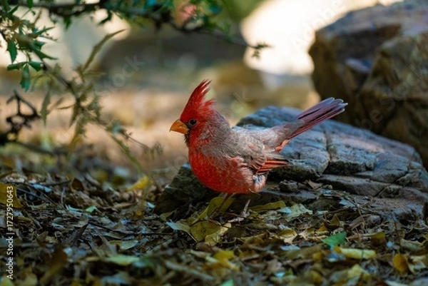 Fototapeta Red-winged Cardinal in the Sonoran Desert in first stage, full lateral body view