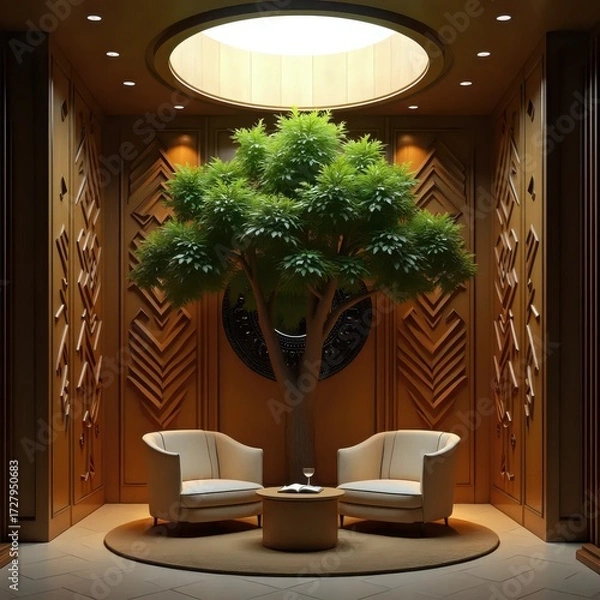 Fototapeta A large tree in the middle of a room with two chairs.