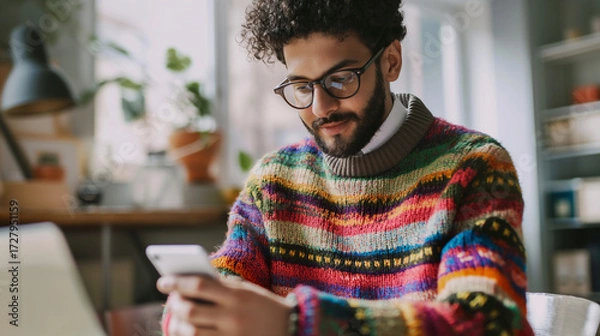 Fototapeta Jovem Barba e Óculos em Suéter Colorido Usando Smartphone.