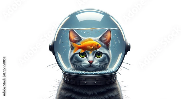 Fototapeta Cat wearing a space helmet with a goldfish on its head against blue background.
