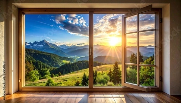 Obraz Panoramic mountain vista through a large window