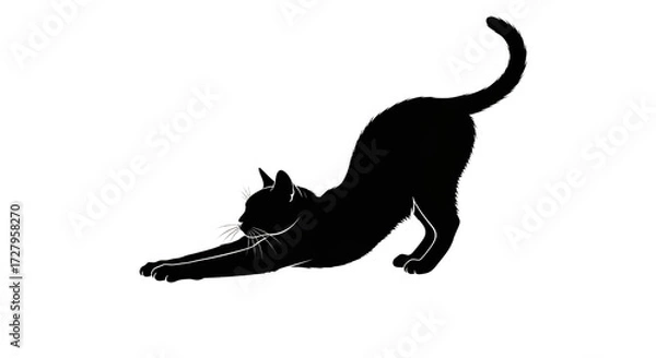 Fototapeta Black cat silhouette stretching on white background with tail curved upward.