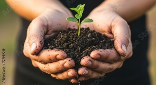Fototapeta Nurturing new life a tender touch: hands holding a seedling in soil, symbolizing growth, hope, and environmental stewardship for a sustainable future in your projects