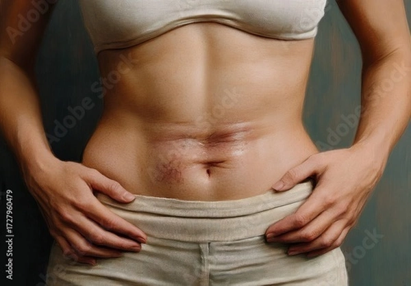 Fototapeta Close-up of a person’s toned abdomen with visible veins and slight skin imperfections, hands resting on the waistband of beige pants, showing natural body texture