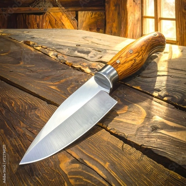 Obraz A kitchen knife on a rustic wooden table, bathed in sunlight