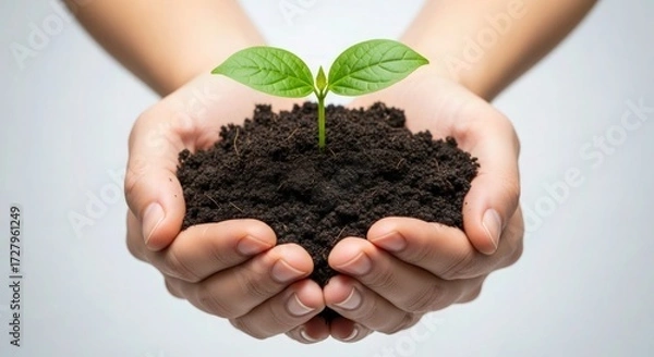 Fototapeta Nurturing new growth begins with hope, a new sprout emerges from rich soil held gently in caring hands, symbolizing sustainability, environmental awareness, and a vibrant future