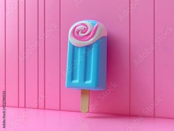 Fototapeta Blue popsicle with white and pink swirl on top standing against a pink vertically paneled background, evoking a playful and vibrant mood