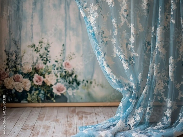 Obraz Elegant blue lace curtain with floral details against a floral backdrop creates a serene and artistic scene