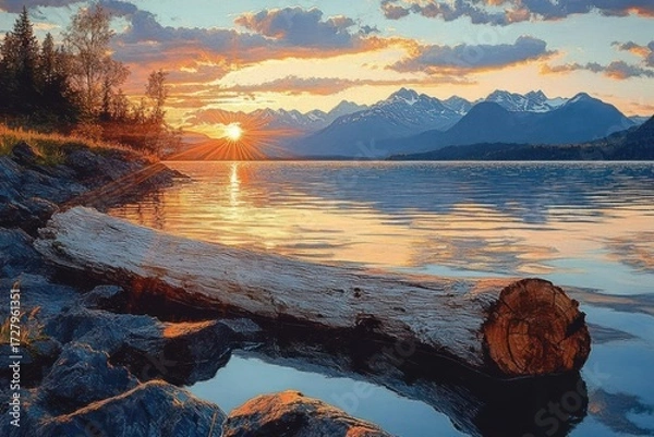 Fototapeta Sunset over a calm lake with a large driftwood log on rocky shore and distant mountain peaks under a partly cloudy sky