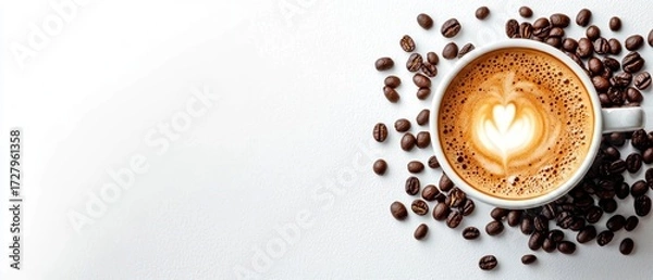 Fototapeta Top-down view of a cup of coffee with latte art surrounded by scattered coffee beans on a white textured surface, evoking warmth and calm