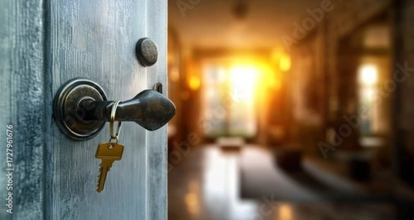 Fototapeta Close-up of an old metal door handle with a key inserted, leading into a warmly lit room with sunlight streaming through large windows, creating a cozy and inviting atmosphere
