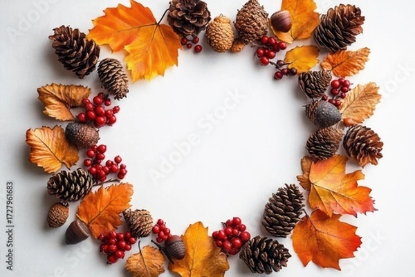 Fototapeta Autumn wreath made of orange and brown fall leaves, pine cones, acorns, and red berries arranged in a circular shape on a white background evoking seasonal warmth