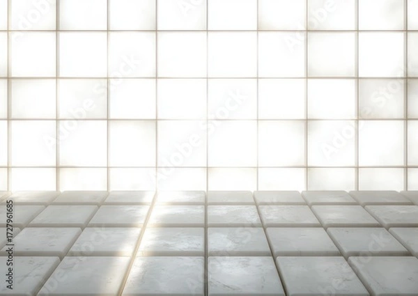 Fototapeta Minimalist interior space with large frosted glass grid windows casting soft light onto white tiled floor creating a serene and clean atmosphere