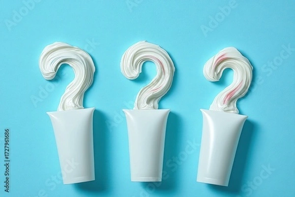 Fototapeta Three white tubes with white cream shaped into question marks with slight red streaks on a bright blue background expressing uncertainty or curiosity