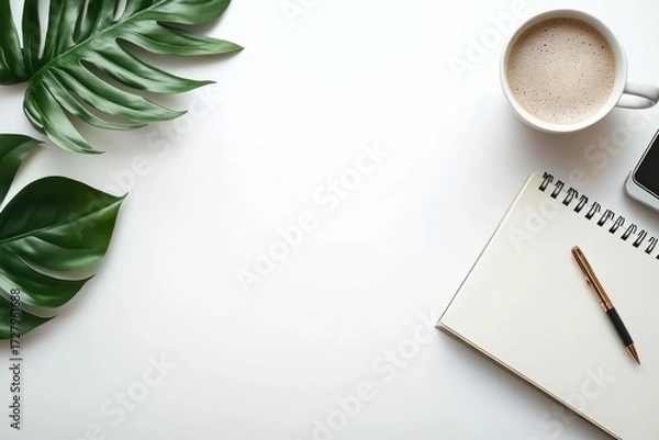 Fototapeta Minimalist workspace with tropical green leaves, a spiral notebook with a pen, a cup of coffee, and a smartphone on a clean white surface