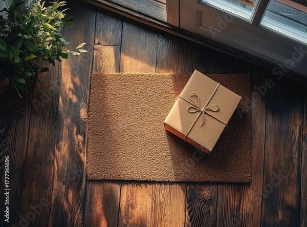 Fototapeta A small gift box tied with string sits on a textured doormat on a wooden floor near a bright window with sunlight casting warm shadows, a green potted plant nearby