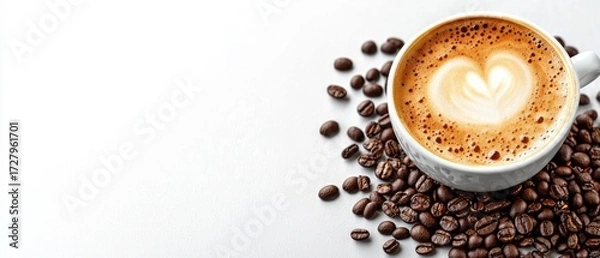 Fototapeta White ceramic cup filled with frothy coffee featuring heart-shaped latte art surrounded by roasted coffee beans on a white surface