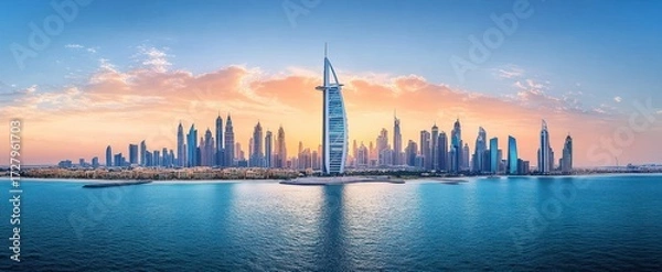 Fototapeta Panoramic view of modern city skyline with numerous skyscrapers reflected on calm water under a colorful sunset sky