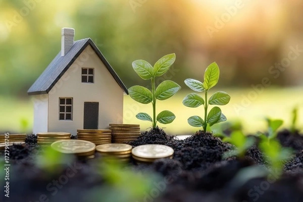 Fototapeta Miniature house with stacks of gold coins and small green plants growing in soil symbolizing financial growth and investment