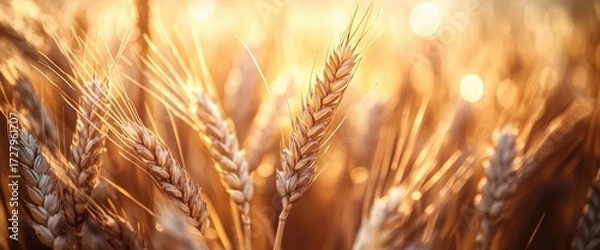 Fototapeta Close-up of ripe golden wheat stalks glowing in warm sunlight with soft focus background creating a serene and peaceful atmosphere