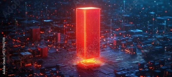 Fototapeta Glowing red futuristic skyscraper or monolith emerging from a detailed digital circuit board with numerous lights and tech elements, evoking advanced technology and innovation