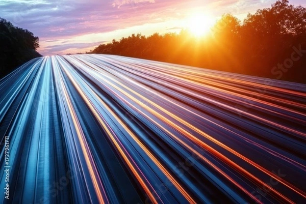 Fototapeta Sunset landscape with dynamic long exposure light trails on a highway surrounded by trees under a colorful sky