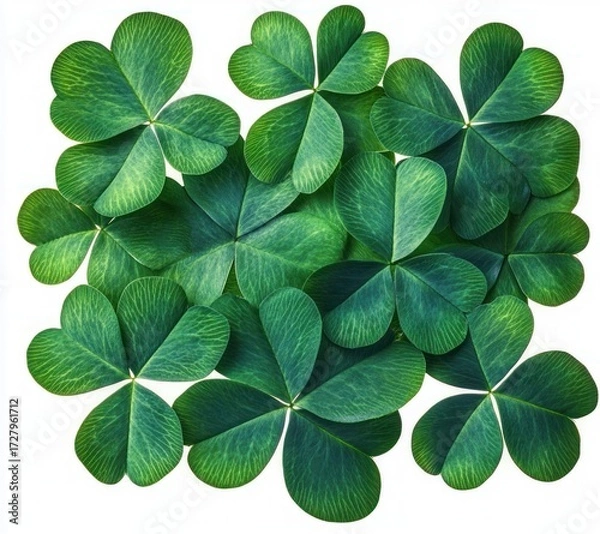 Fototapeta Close-up of lush green clover leaves arranged in a dense, overlapping pattern on a white background, evoking freshness and vitality