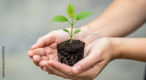 Fototapeta Nurturing a vibrant green seedling with exposed roots held gently in cupped hands, symbolizing growth, new beginnings, and care for the environment and future.