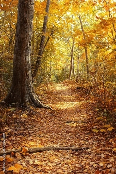 Fototapeta Sunlit autumn forest pathway covered with fallen orange and yellow leaves surrounded by tall trees in a peaceful natural setting