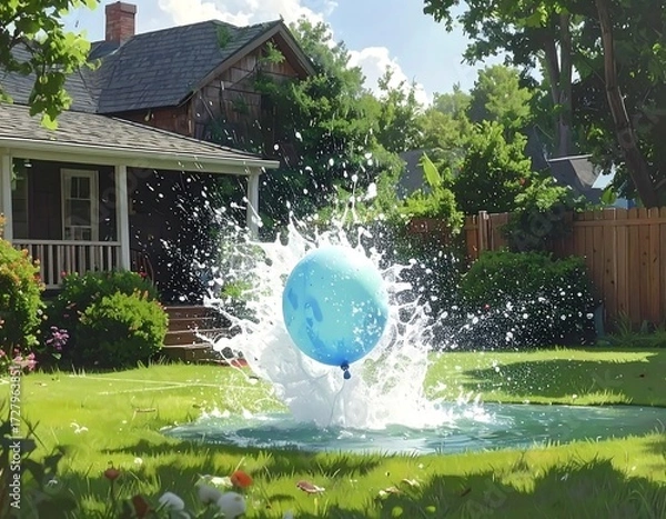 Obraz A light blue balloon bursts in a splash on a sunny backyard