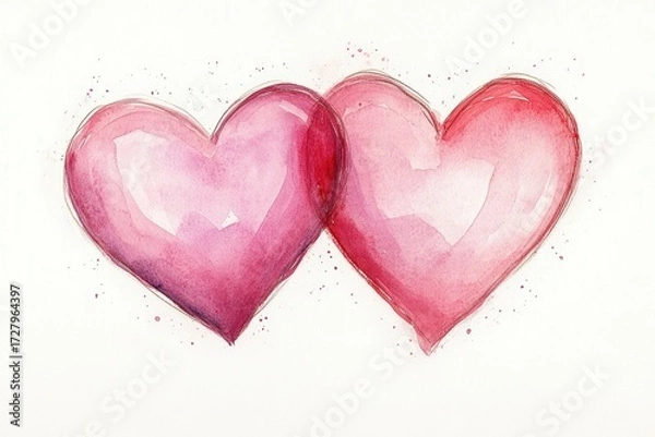 Fototapeta Two overlapping watercolor style pink hearts symbolizing love and connection on a white background