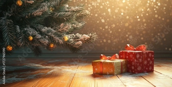 Fototapeta Festive scene with a decorated snow-dusted Christmas tree branch and two neatly wrapped presents with ribbons on a wooden floor illuminated by warm glowing light