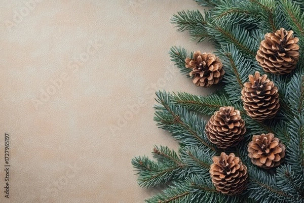Fototapeta close-up of fresh pine cones arranged on green fir tree branches on a neutral beige background