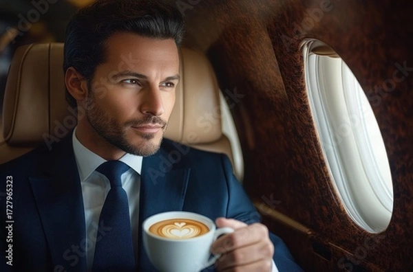 Fototapeta Thoughtful man in a suit holding a cup of coffee with latte art while gazing out of an airplane window during flight
