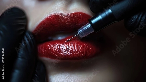 Fototapeta Close-up of red lips with glossy lipstick being tattooed by a professional wearing black gloves using a fine needle machine