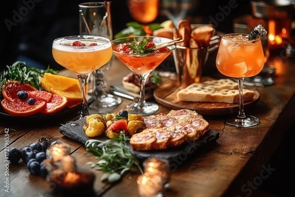 Fototapeta Variety of colorful cocktails and gourmet appetizers including fruit slices, bread, fries and grilled vegetables on a rustic wooden table with candlelight