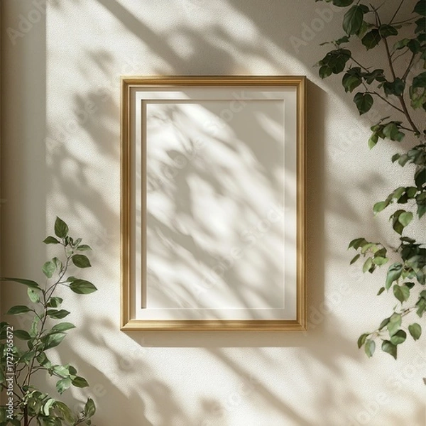 Fototapeta Empty golden picture frame hanging on a sunlit wall with dappled shadows of leafy plants creating a calm and serene atmosphere