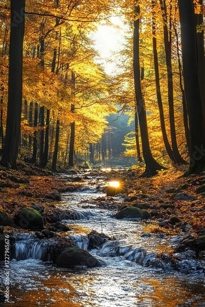 Fototapeta A serene autumn forest scene with golden leaves filtering sunlight over a gently flowing stream surrounded by tall trees and scattered rocks